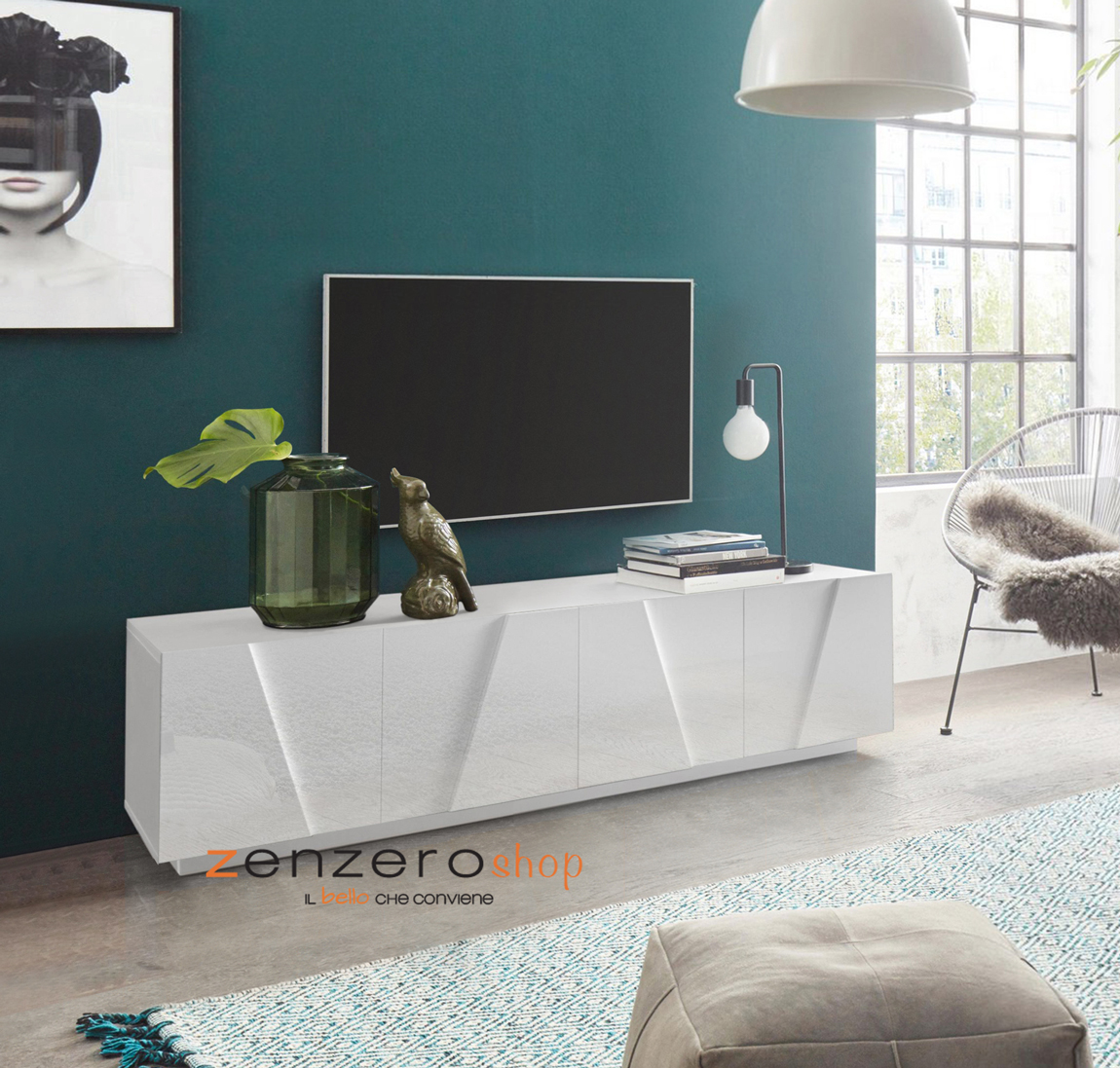 Mobili tv bianco 4 ante con disegni geometrici in finitura Bianco lucido 