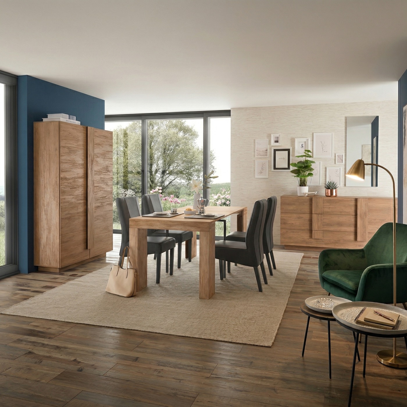 Soggiorno moderno scontato con tavolo, credenza e colonna in finitura Mercure