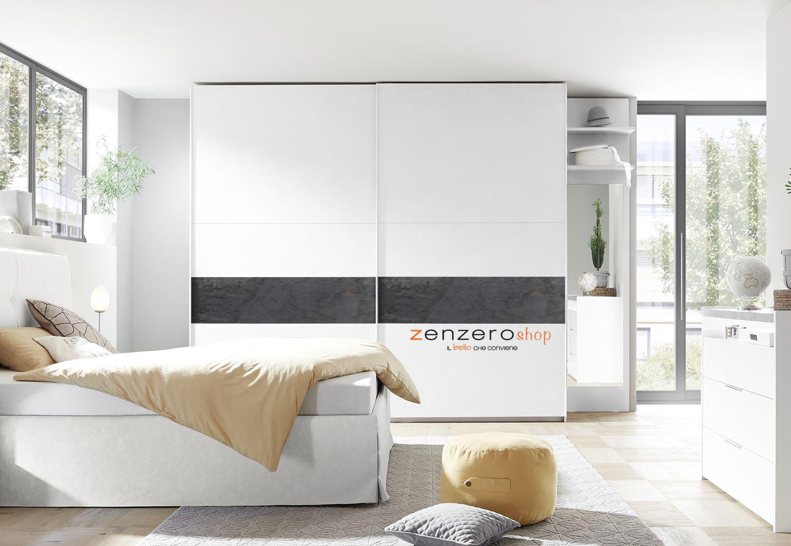 Mobile Conveniente Armadio moderno con ante scorrevoli L.275, Bianco Opaco con fascia Ossido