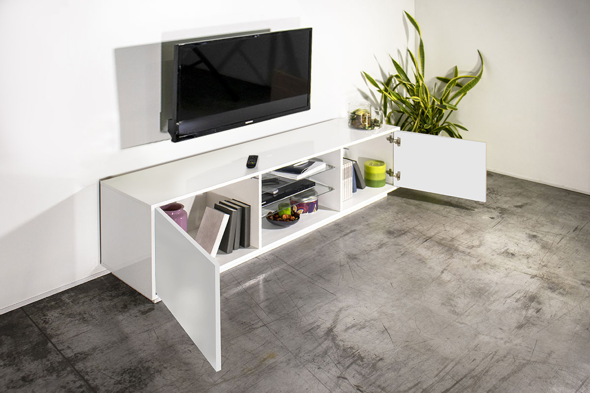 Porta tv moderno bianco laccato lucido con due mensole in vetro
