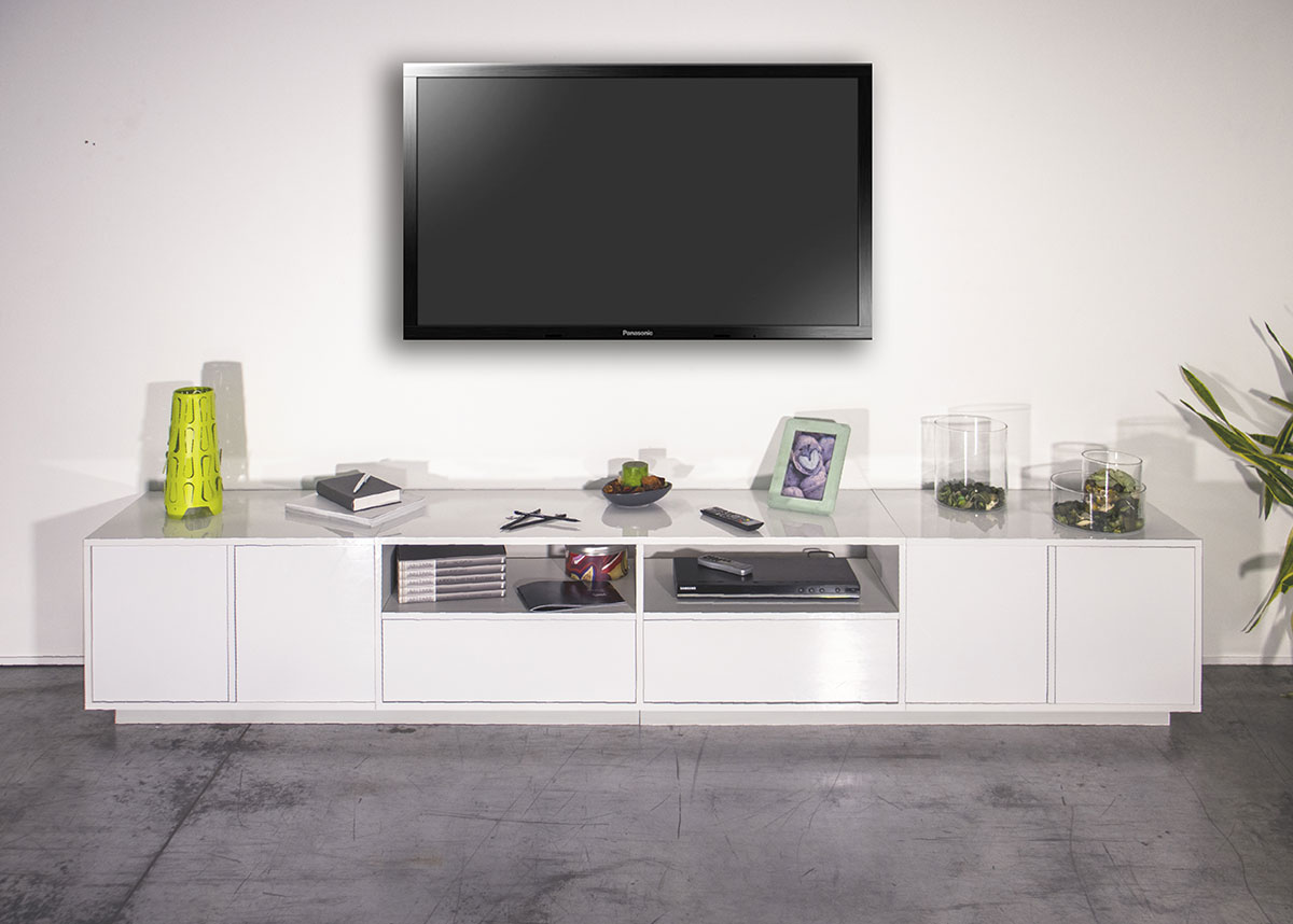 Moderno porta tv in appoggio in finitura bianco laccato lucido 