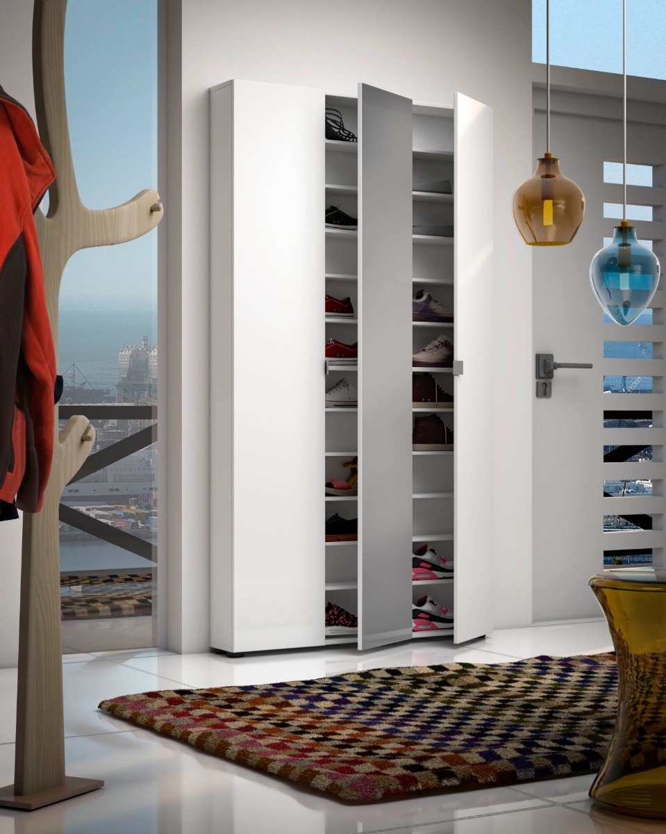 Armadio multiuso 3 ante scontato, Bianco lucido con Specchio 