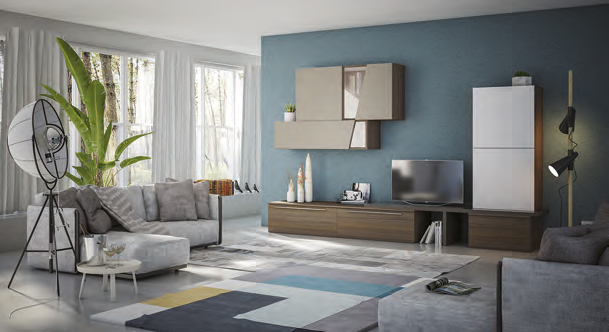 Parete attrezzata moderna, in finitura Noce,  Visone, Bianco seta e Fango, Made in Italy