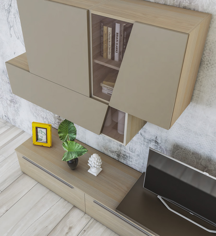 Parete attrezzata moderna, Olmo perla, Visone, Bianco seta e Fango,  Made in Italy