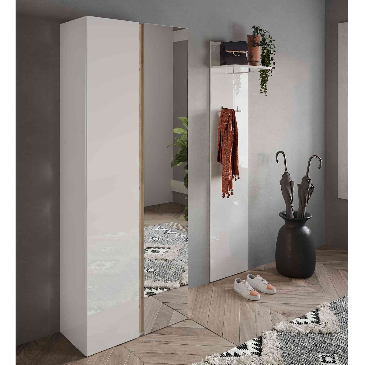 Nuova composizione d'ingresso con scarpiera, madia e appendiabiti colore Bianco lucido e Cadiz