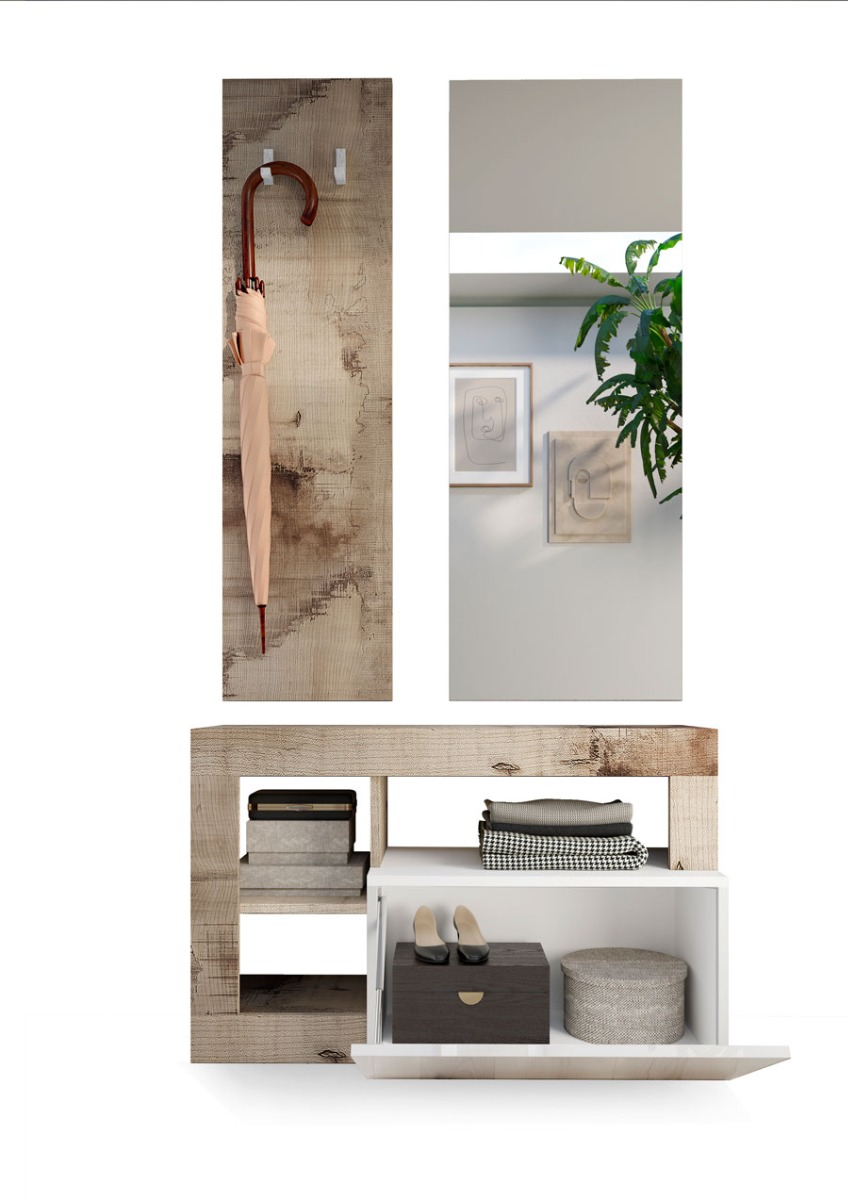 Ingresso composto da una panca, un pannello porta abiti e uno specchio Bianco lucido e Pero