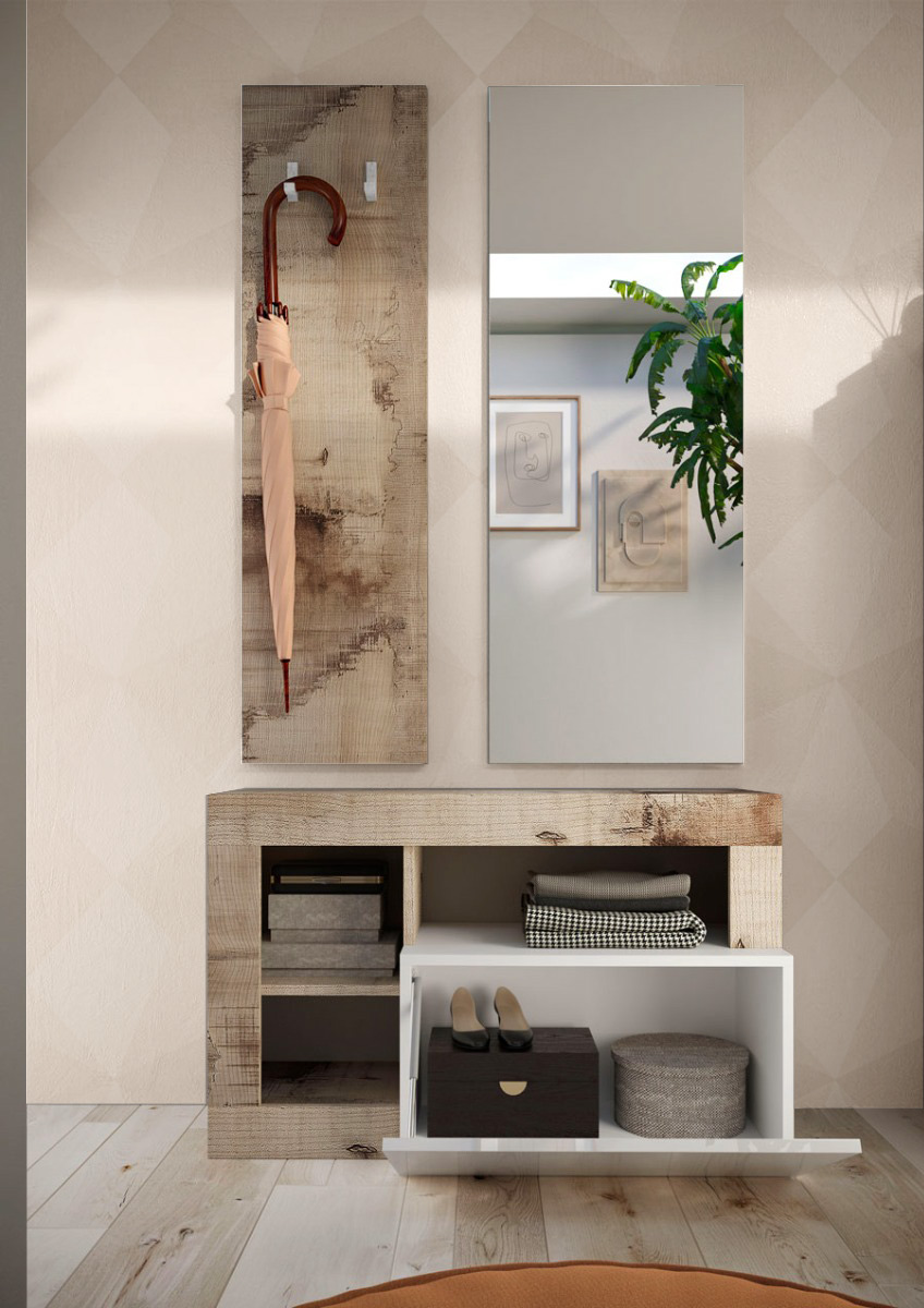 Ingresso composto da una panca, un pannello porta abiti e uno specchio Bianco lucido e Pero