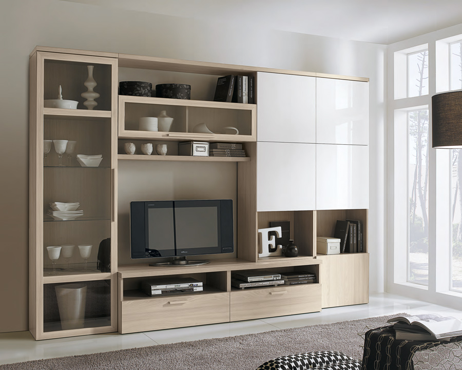 Parete attrezzata, moderna, di grandi dimensioni, finitura Olmo Perla e con frontali Bianco Lucido