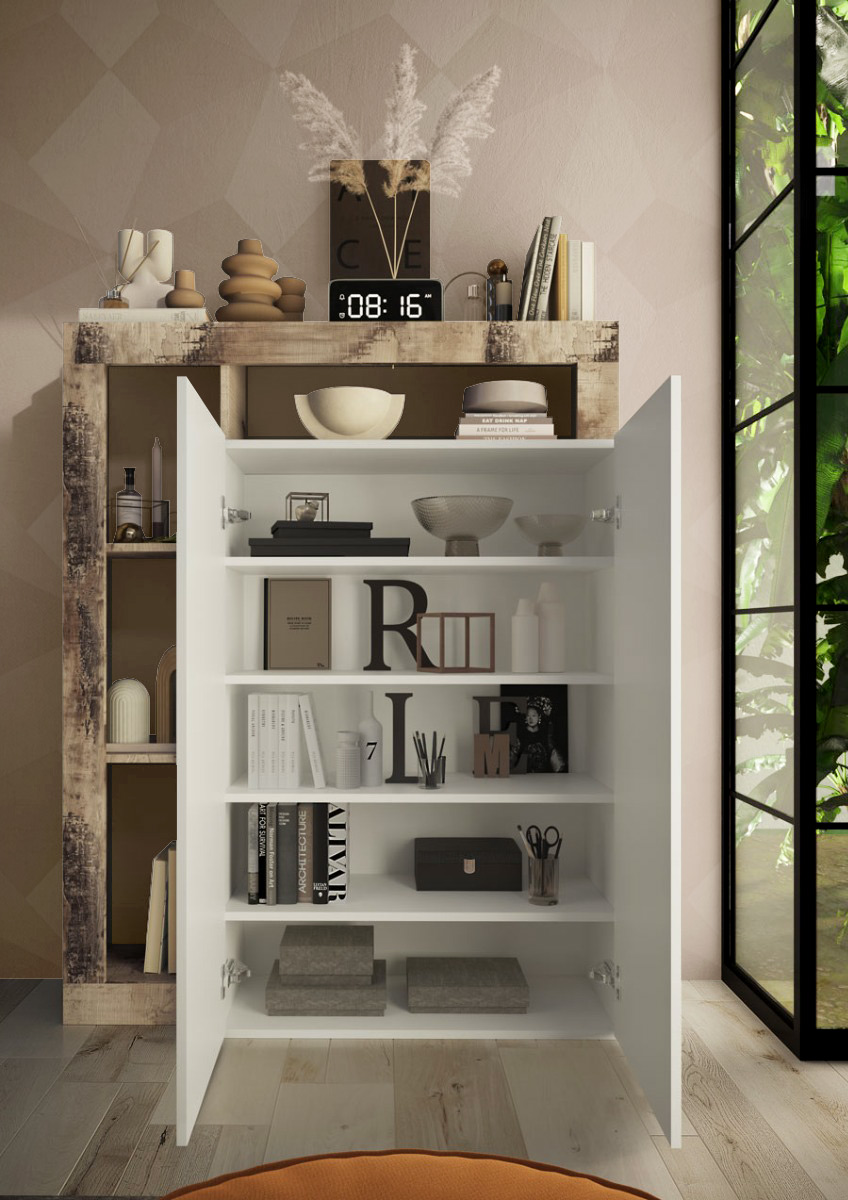 Madia alta moderna 2 ante battenti finitura Bianco lucido e Pero