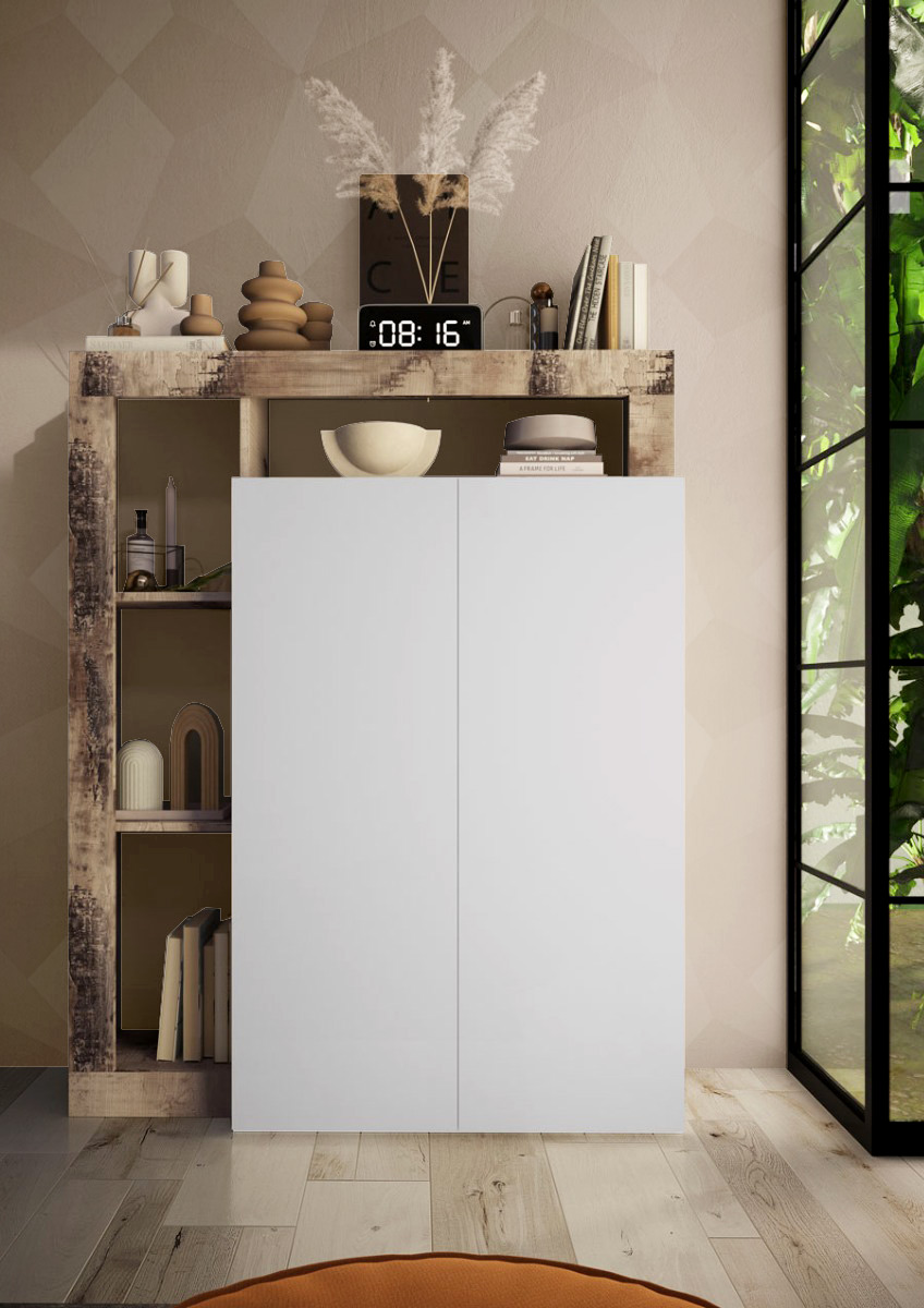 Madia alta moderna 2 ante battenti finitura Bianco lucido e Pero