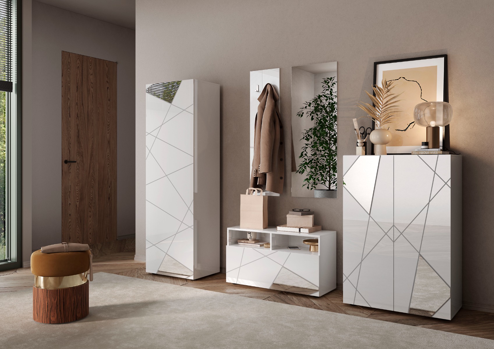Innovativo Mobile da ingresso geometrico finitura Bianco lucido con dettagli a specchio