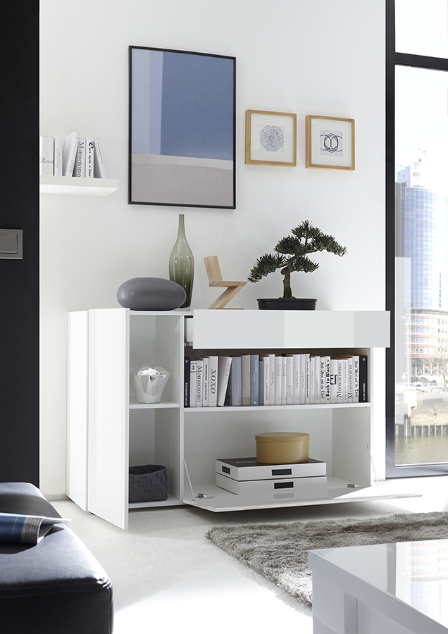 Credenza con vano a giorno, finitura bianco lucido