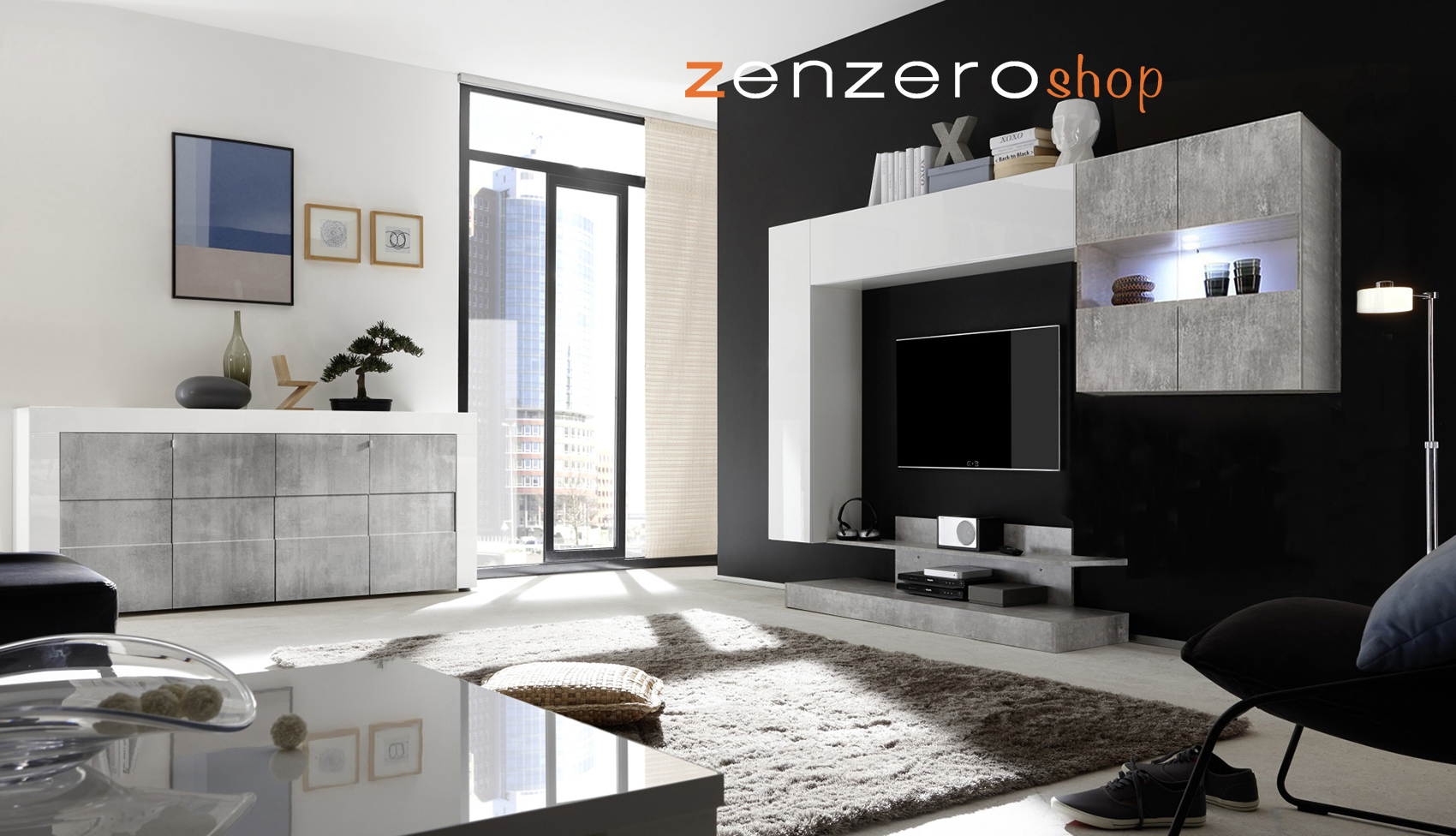 Soggiorno moderno con Parete attrezzata moderna e Madia 4 ante moderna, Bianca lucida e Beton