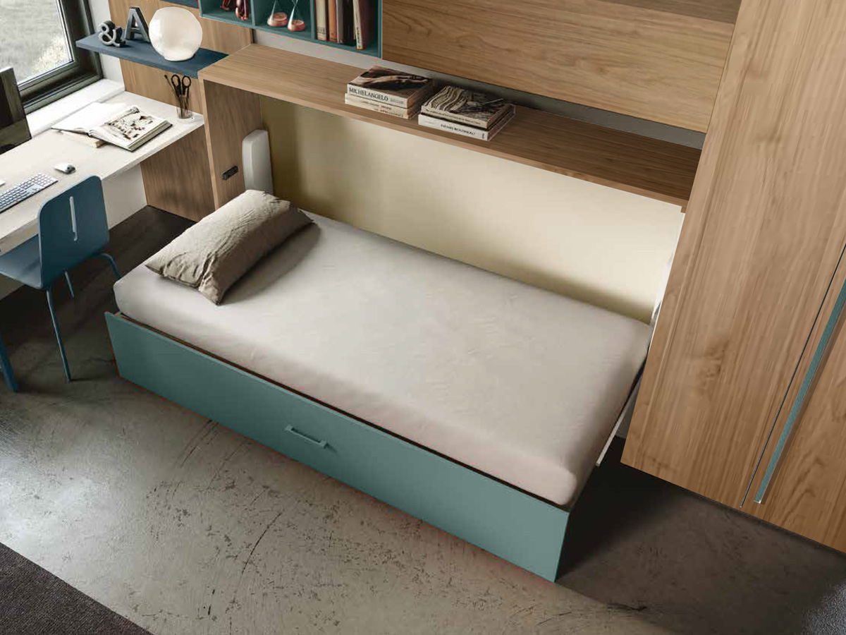 Letto trasformabile una piazza e mezza Noce biondo e Verde salvia a scomparsa, orizzontale