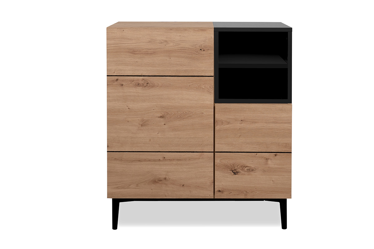 Credenza Madia moderna Glesborg con 2 ante e un vano a giorno in finitura Rovere e Nero carbone