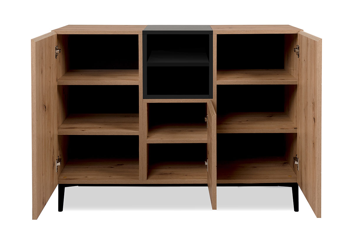 Madia moderna Glesborg con 3 ante e un vano a giorno in finitura Rovere e Nero carbone