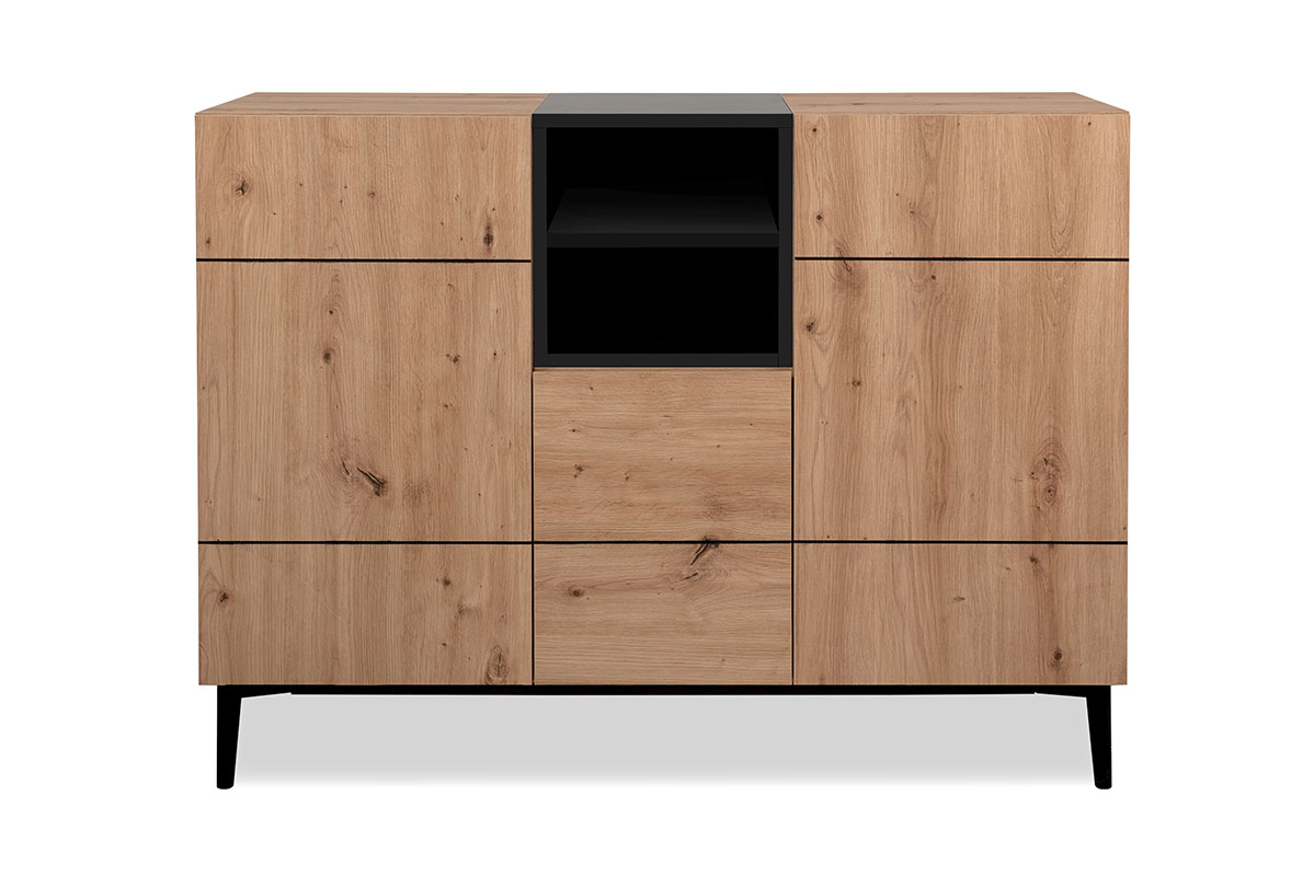 Sala moderna Glesborg con 2 madie in finitura Rovere e Nero carbone