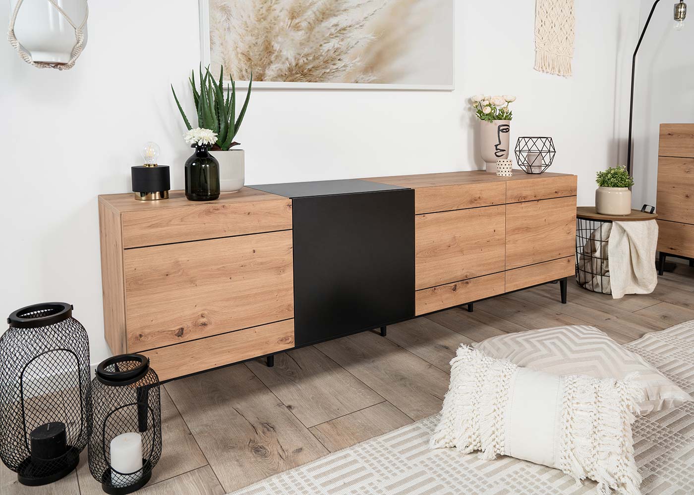 Soggiorno moderno Glesborg con 2 madie in finitura Rovere e Nero carbone