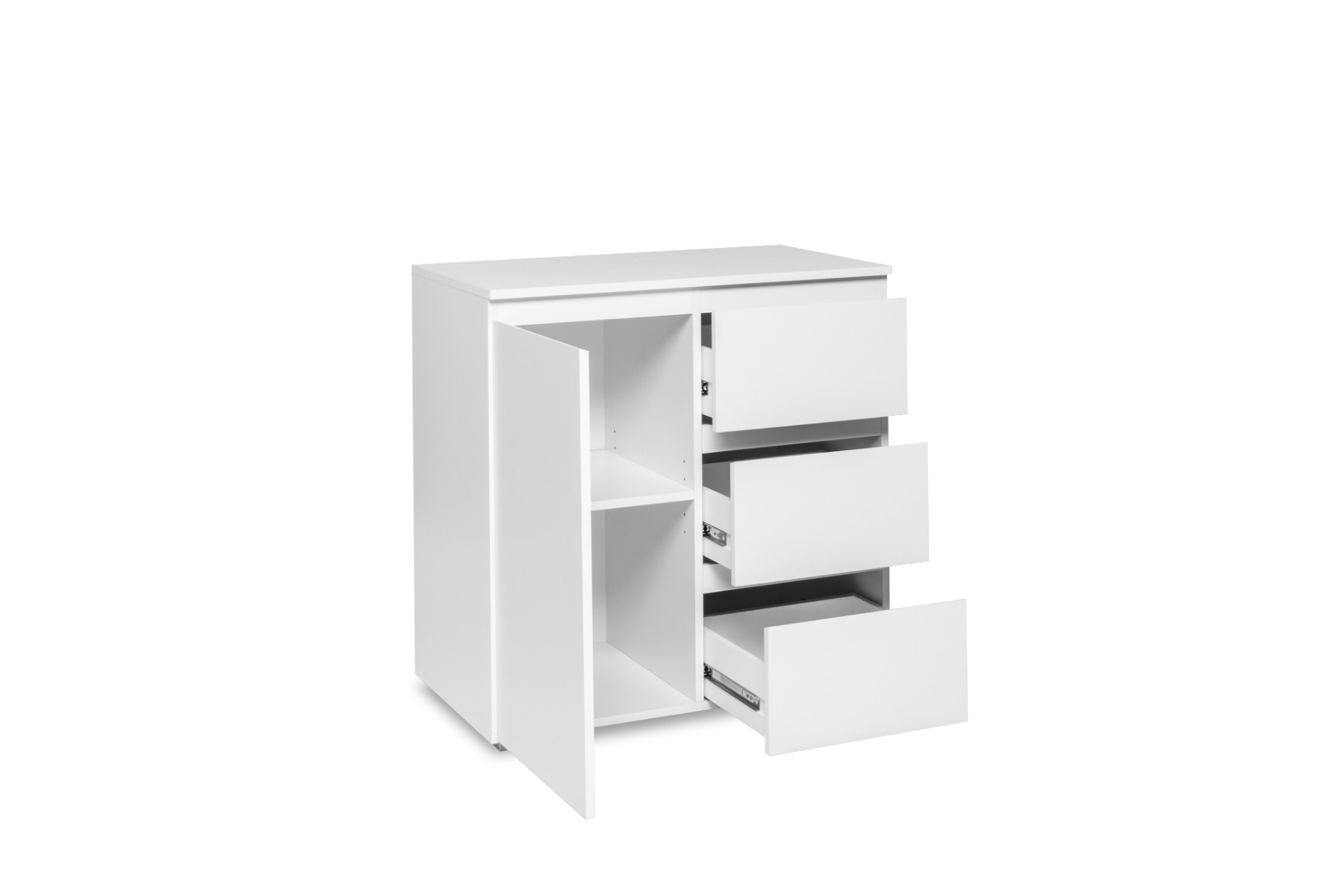 Conveniente credenza  1 anta e 3 cassetti, colore Bianco opaco 