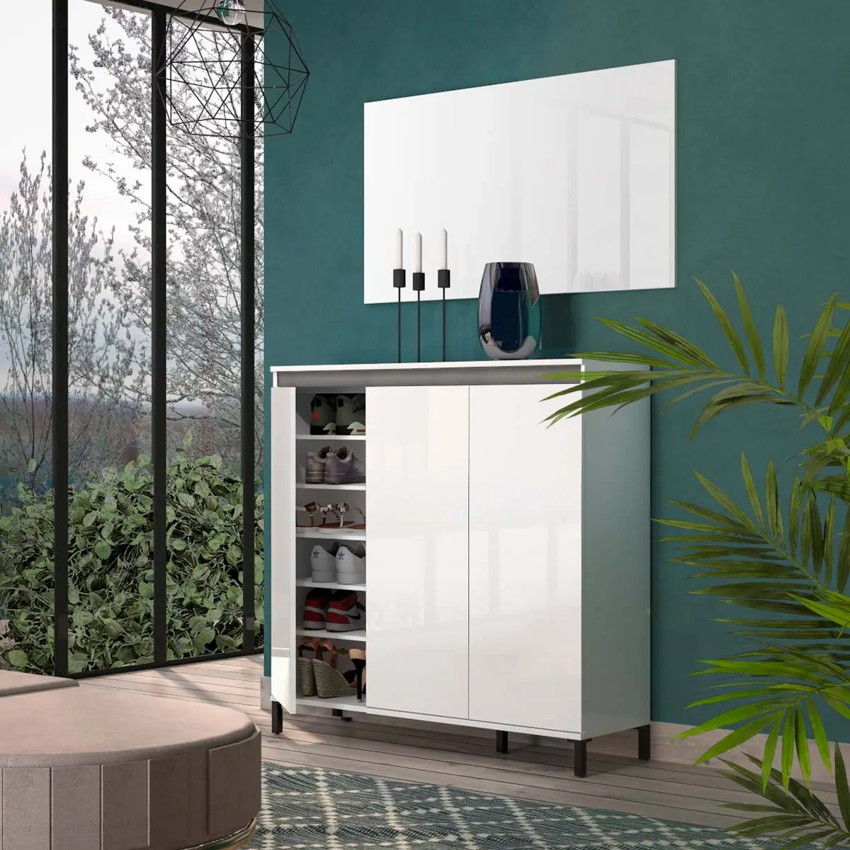 Madia moderna a 3 ante, Bianca lucida con dettaglio Ardesia