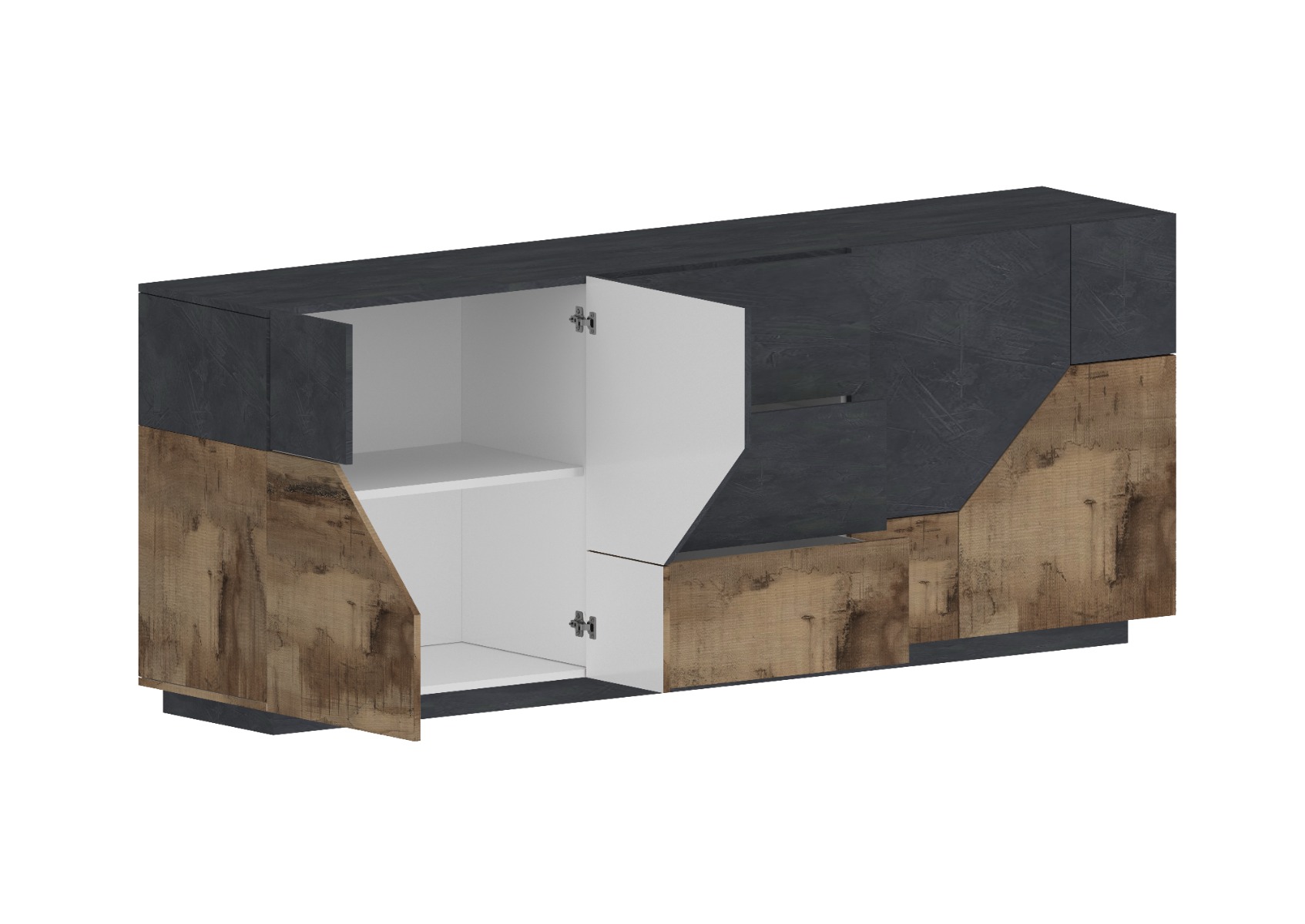 Conveniente Credenza geometrica 4 ante e 3 cassetti, colore Ardesia e Pero