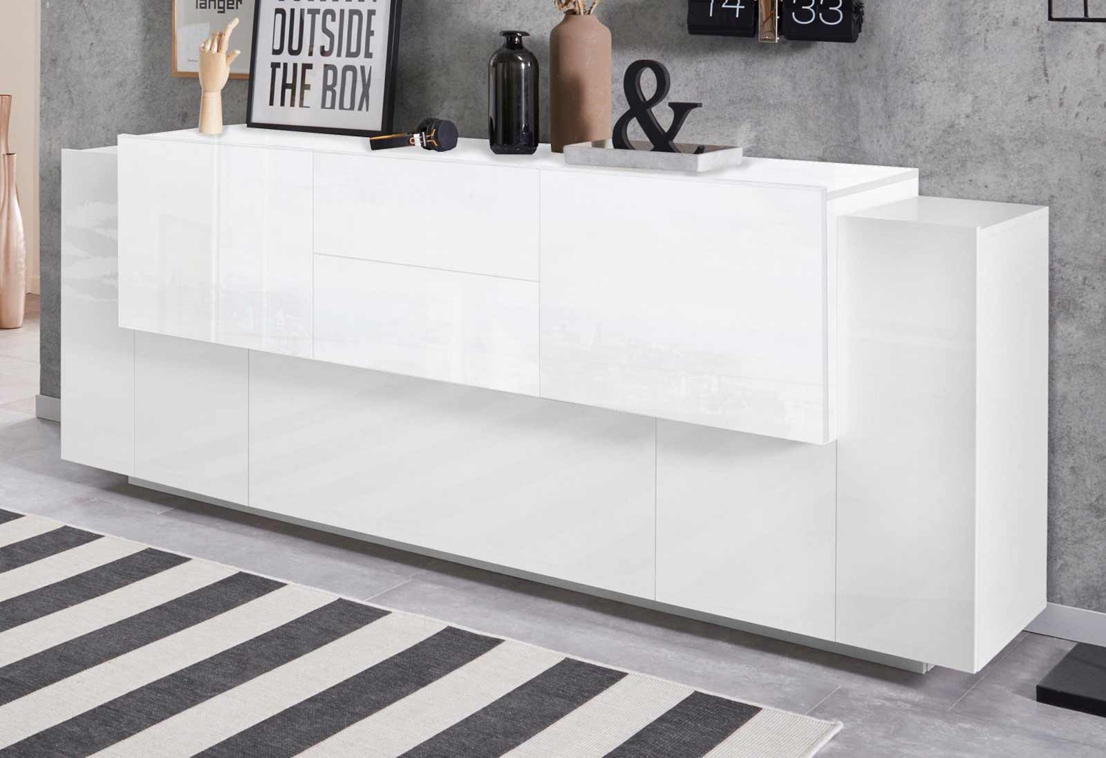 Elegante Credenza moderna 5 ante e 2 cassetti, finitura Bianca