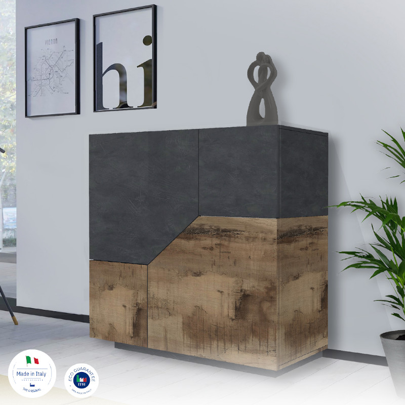 Conveniente Madia geometrica di design alta 2 ante, colore Ardesia e Pero