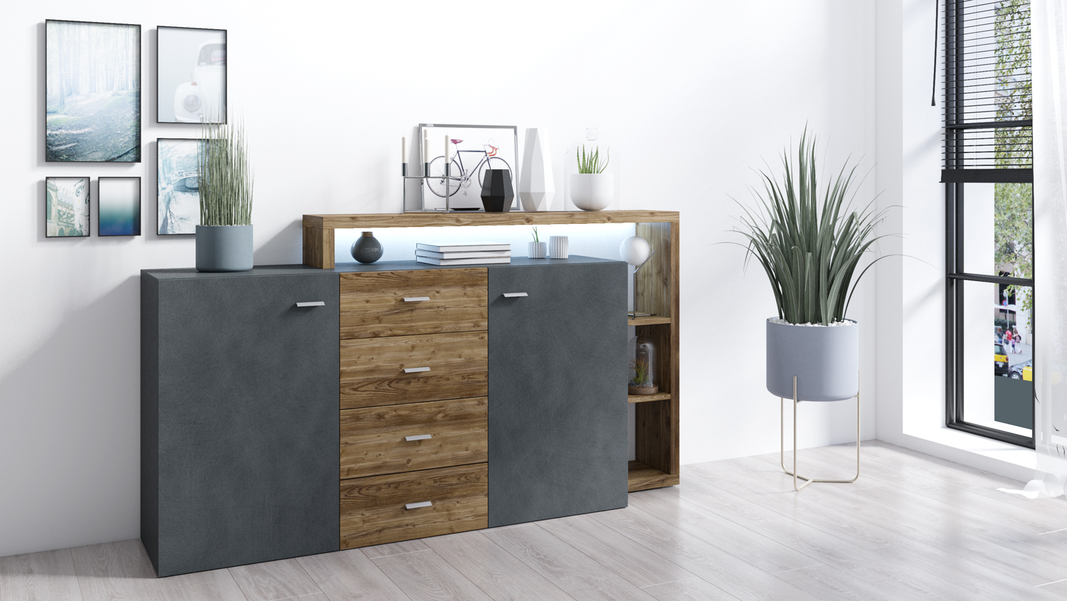  Credenza multiuso 2 ante e 4 cassetti, noce e antracite spatolato