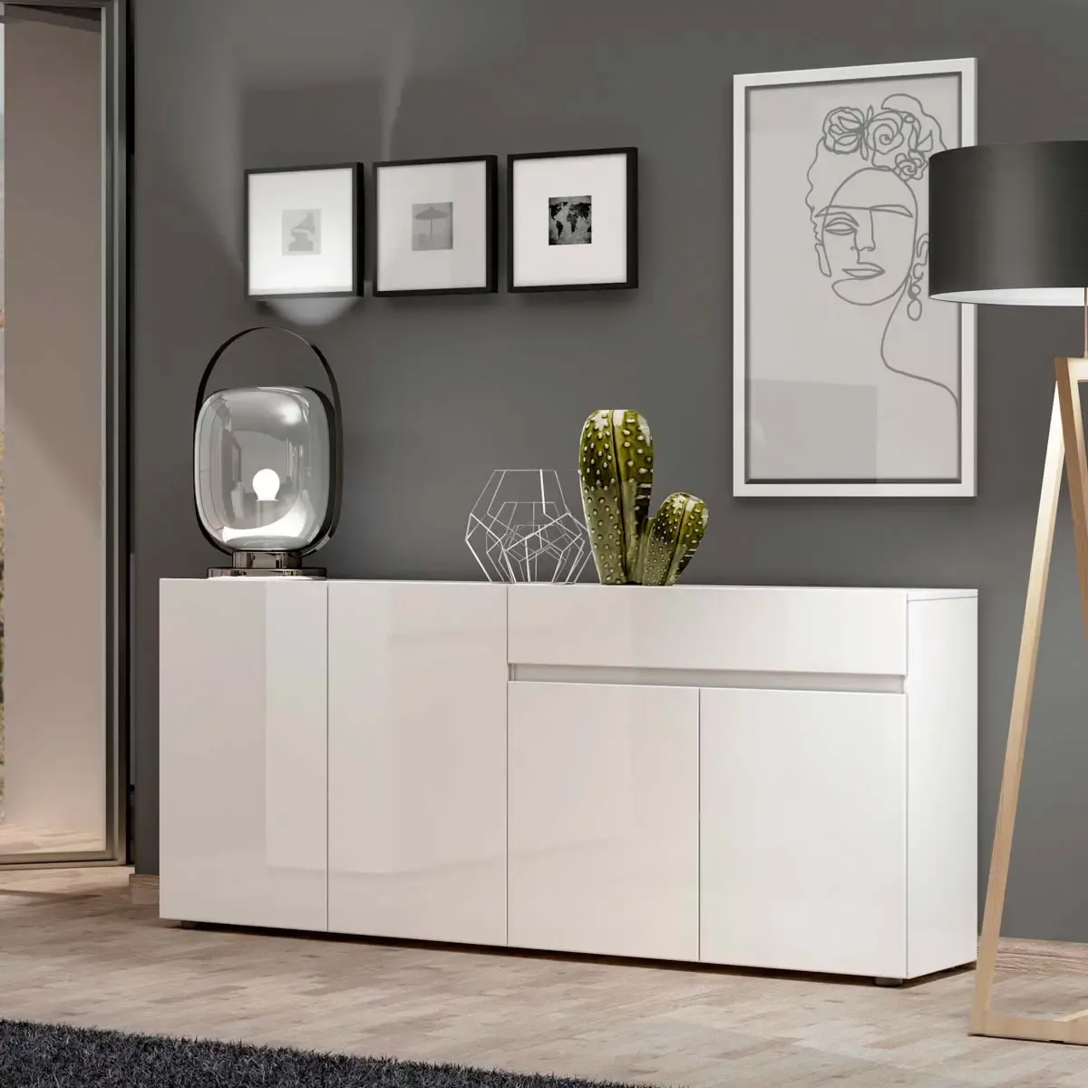 Sala in offerta composta da 2 madie moderne, finitura Bianco lucido