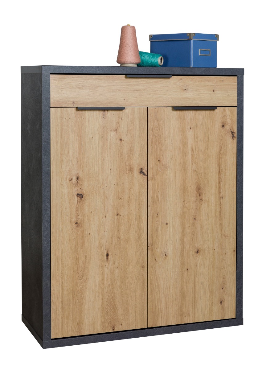 Credenza alta con 2 ante e 1 cassetto, Rovere chiaro e Grigio smoke