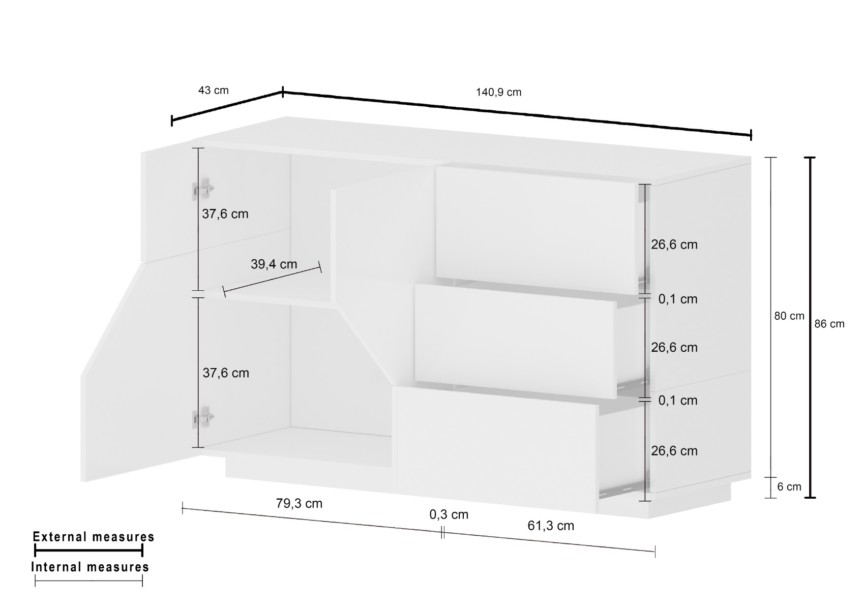 Economica Madia geometrica moderna 2 ante e 3 cassetti, Bianco lucido e Pero