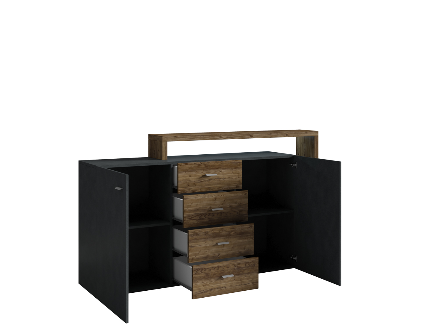  Credenza multiuso 2 ante e 4 cassetti, noce e antracite spatolato