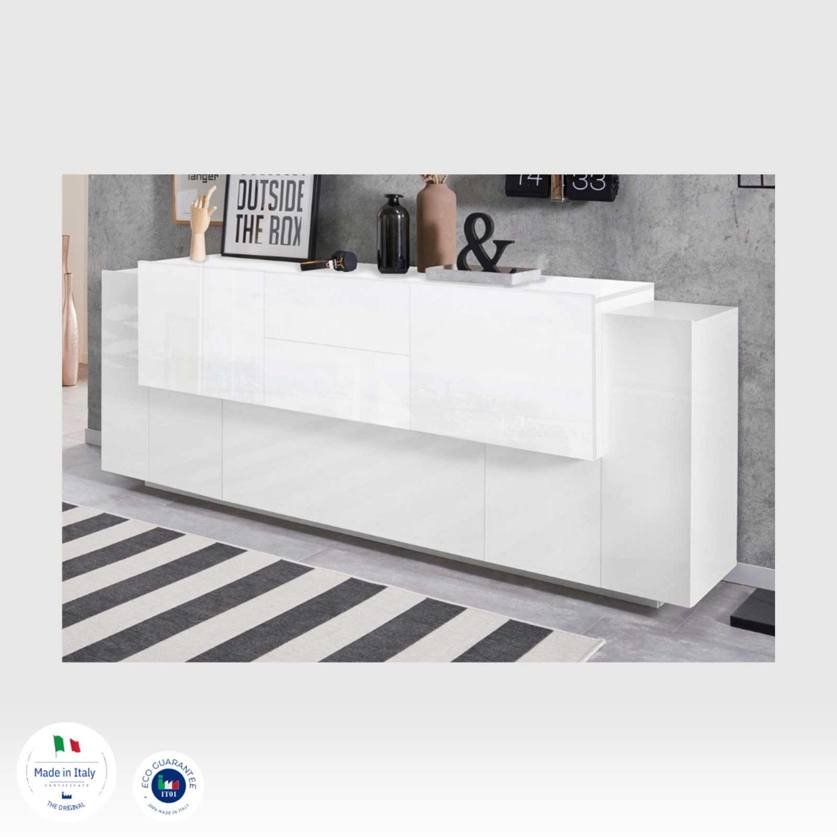 Elegante Credenza moderna 5 ante e 2 cassetti, finitura Bianca