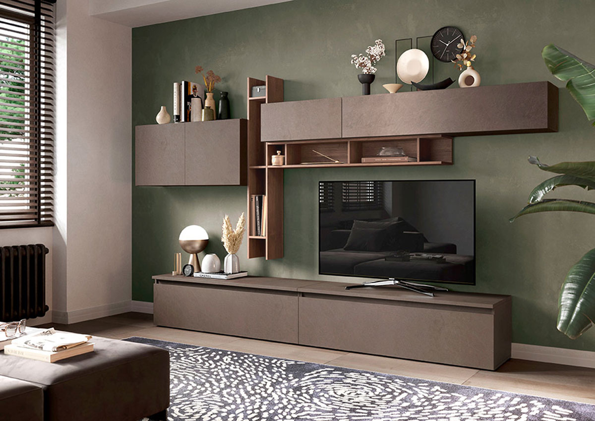 Parete TV moderna Made in Italy, finitura Bronzo e Mercure