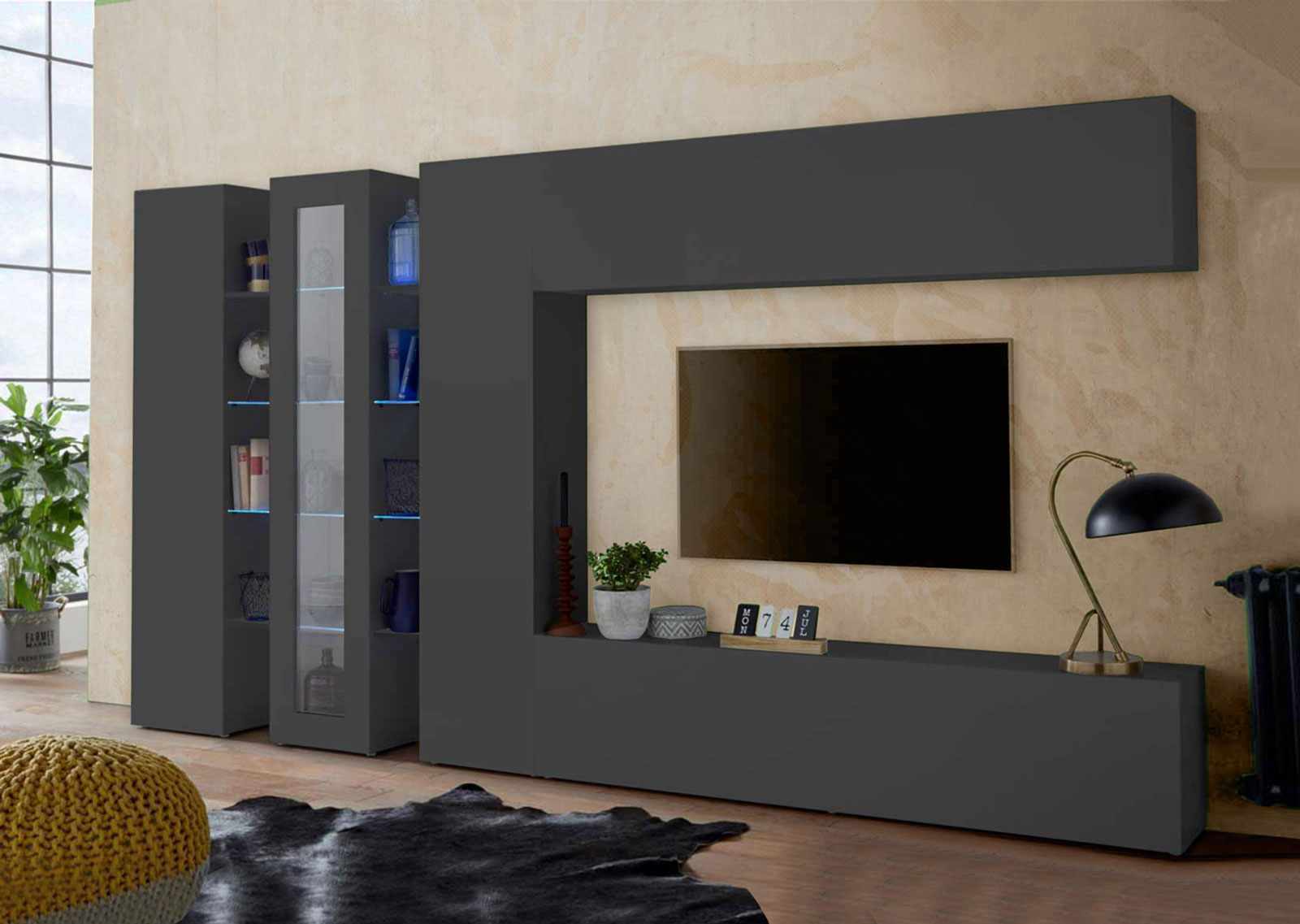 Parete attrezzata con 1 vetrina, 2 colonne e 2 pensili orizzontali, finitura Antracite lucido 