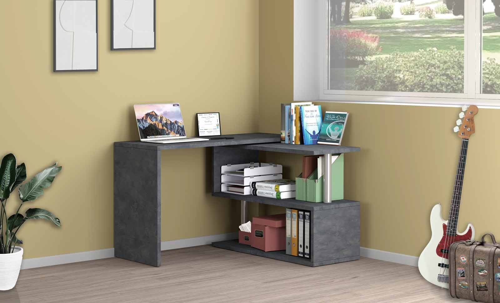 Conveniente Scrivania girevole pluriposizionabile finitura Grigio Report, Made in Italy