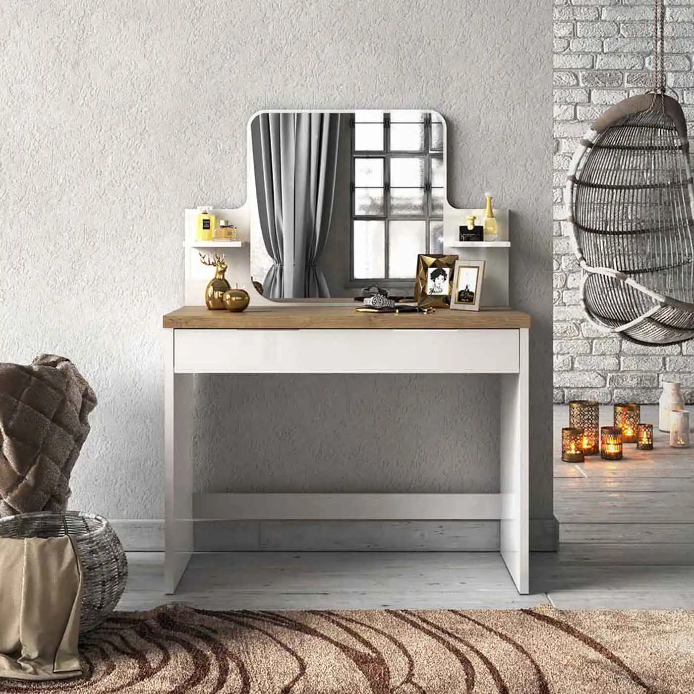 Toletta da trucco con cassetto, Bianco lucido 