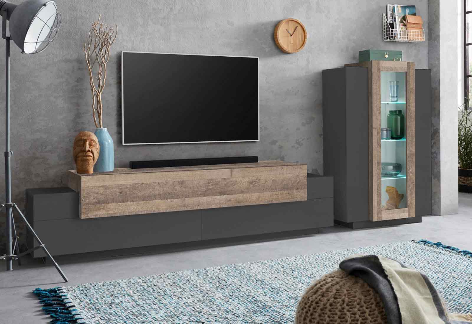 Soggiorno moderno con vetrina e porta tv in finitura Antracite e Oak