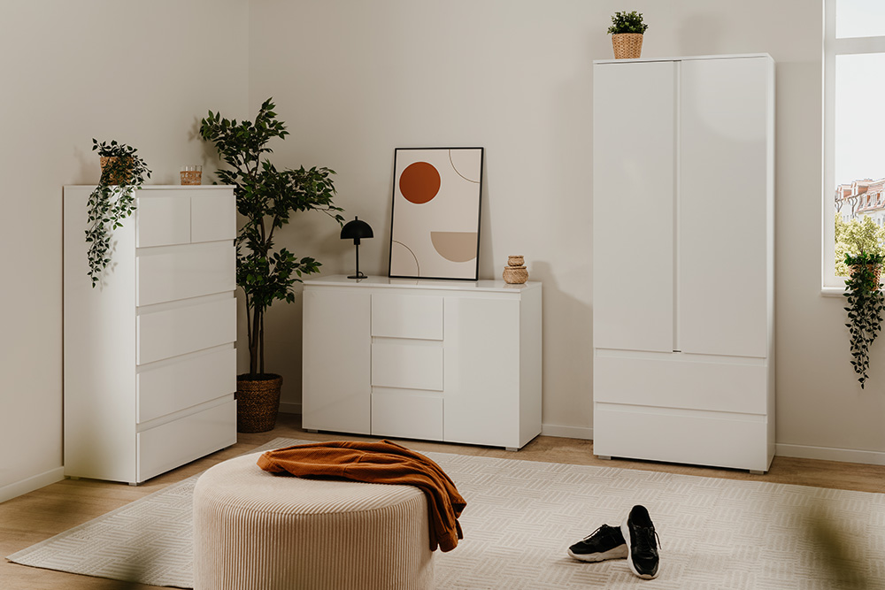 Madia salvaspazio 2 ante e 3 cassetti finitura Bianco lucido 