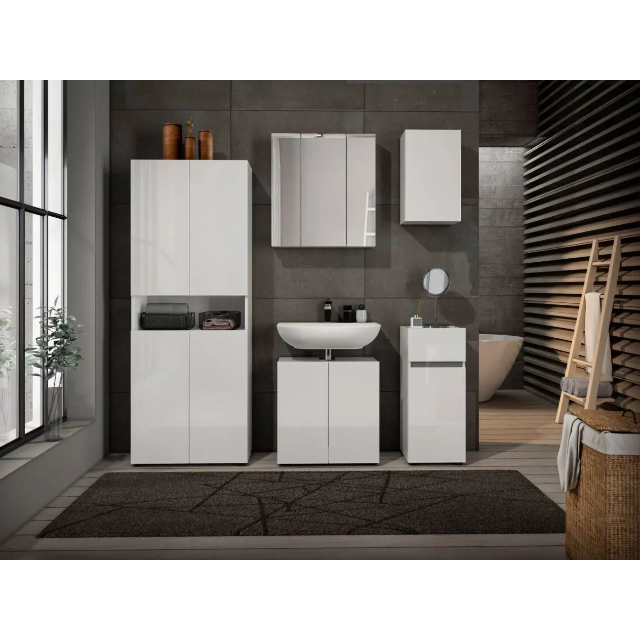 Bagno moderno completo con specchio, finitura Bianco 