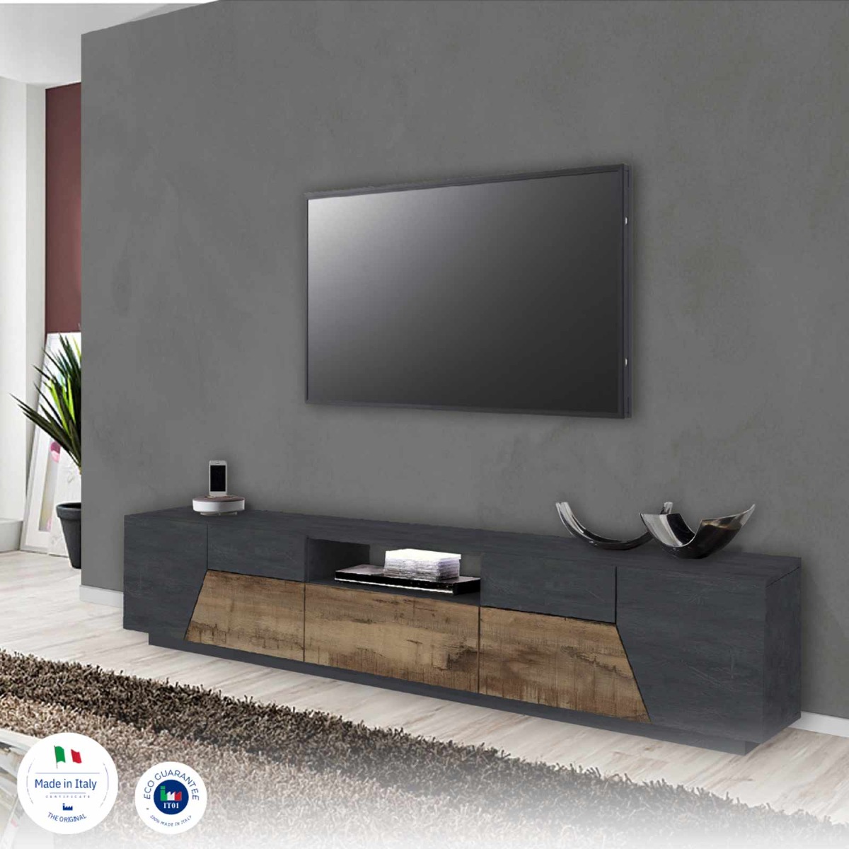 Innovativo Porta TV L.220 cm, colore Pero e Ardesia Zenzero Shop