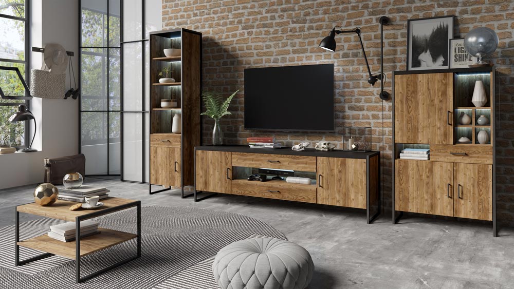 Vetrina colonna, finitura legno invecchiato e metallo nero