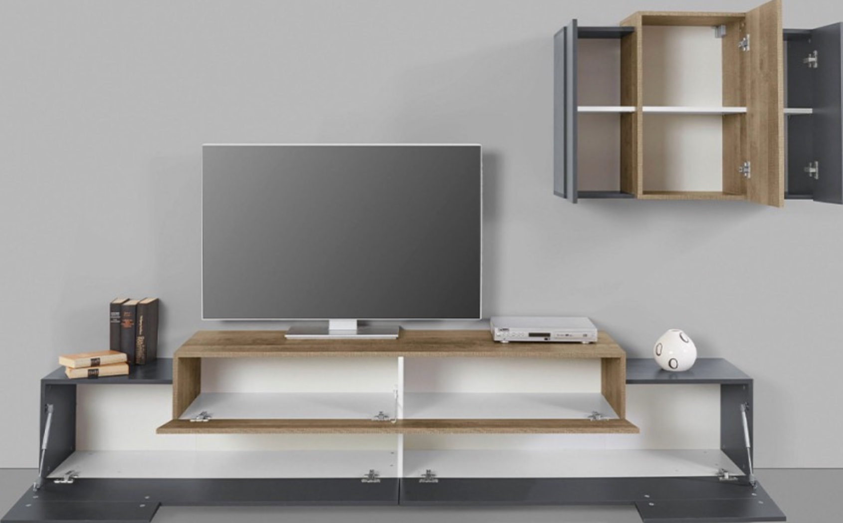 Economico Porta Tv L.240 cm con pensile sospeso in finitura Ardesia e Oak