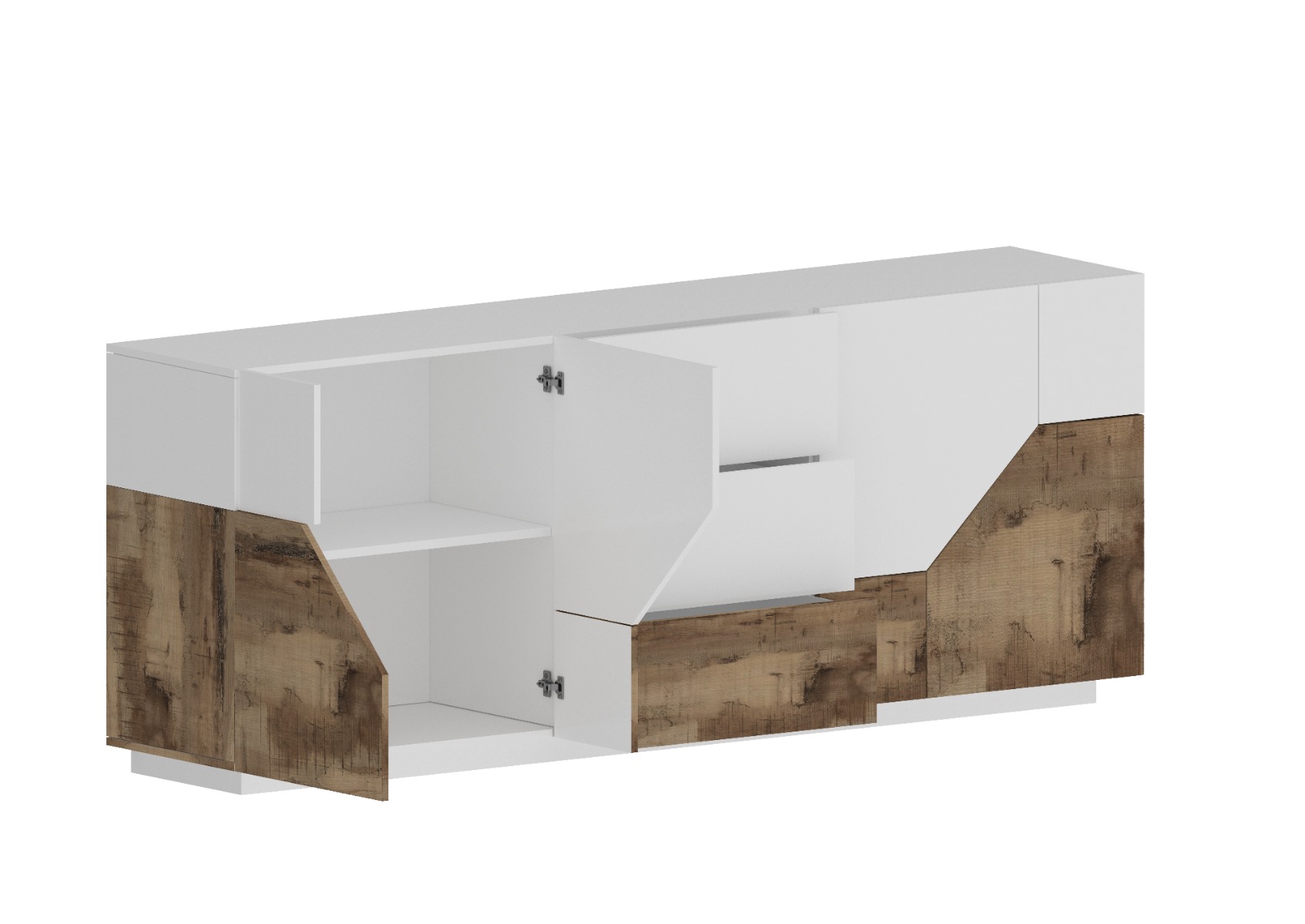 Credenza geometrica 4 ante e 3 cassetti, colore Bianco lucido e Pero 