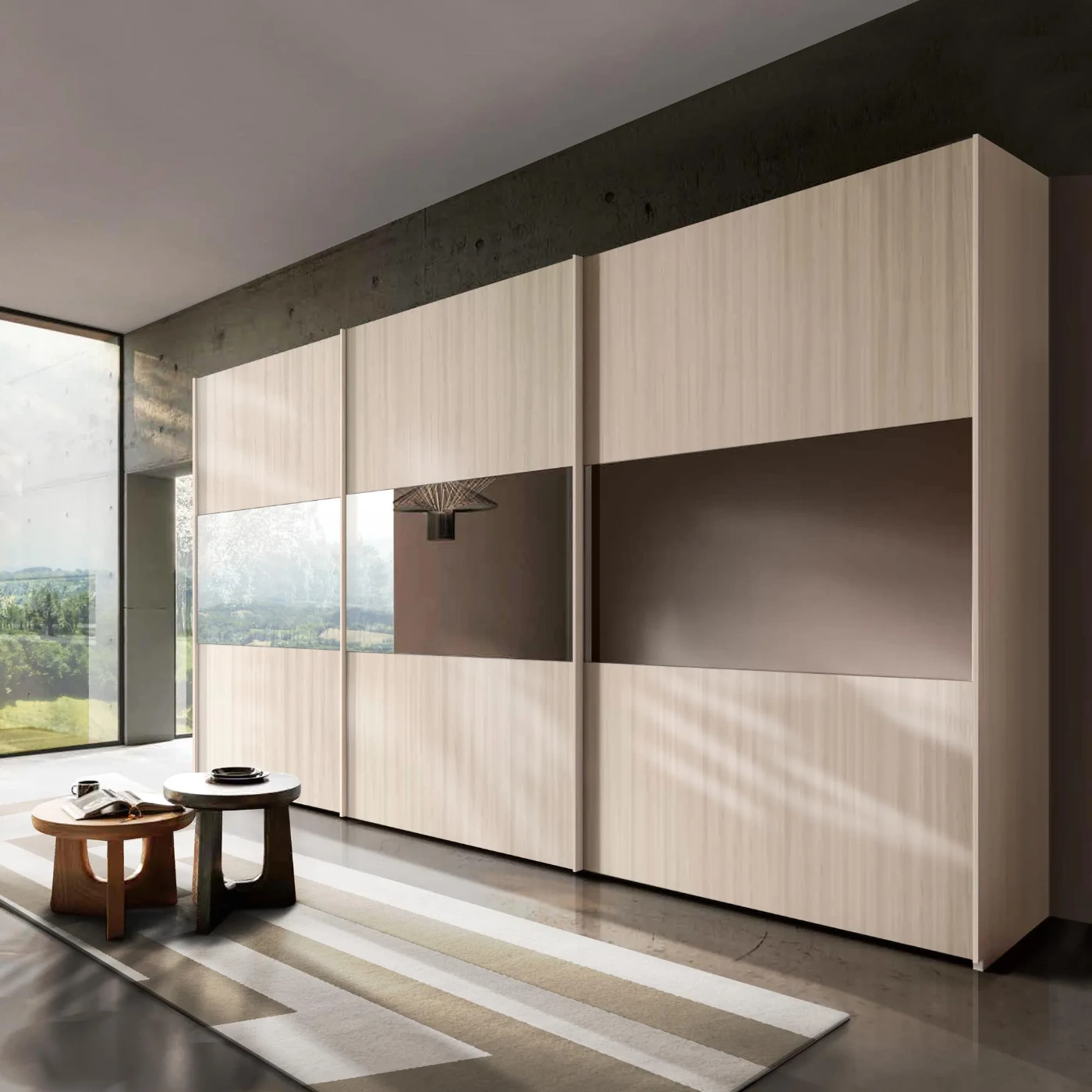 Armadio 3 ante scorrevoli con specchio, L.412 H.256, Olmo natura Zenzero Shop