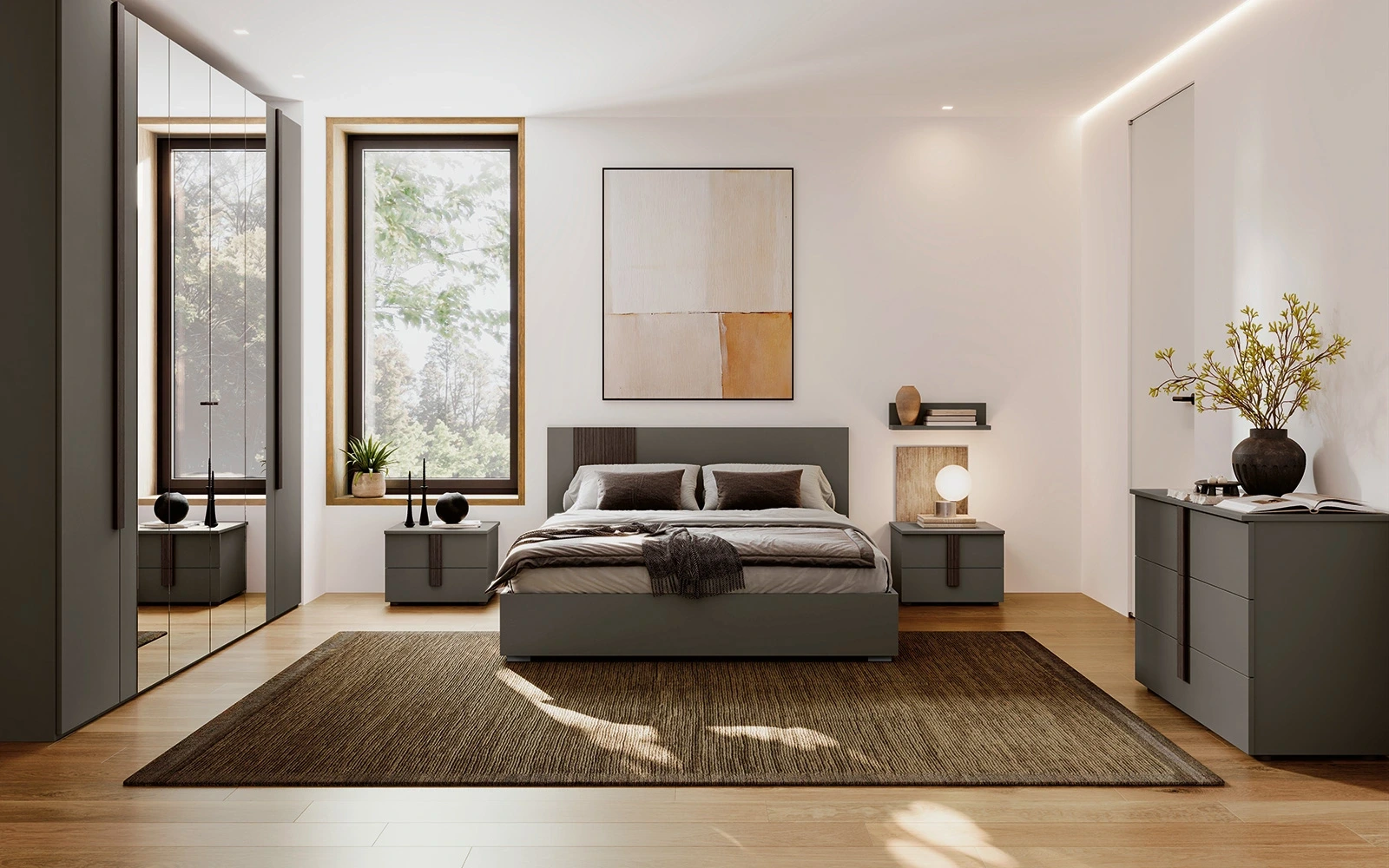 Camera completa con armadio, letto e comodini, Grigio cenere