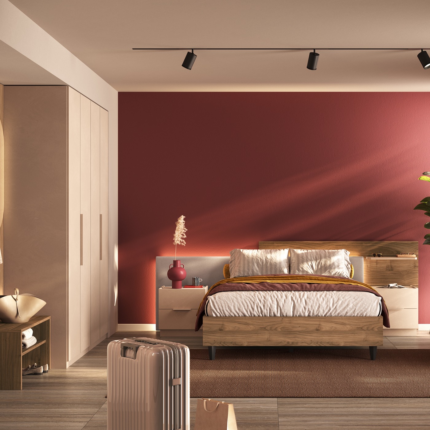 Camera matrimoniale armadio, letto e comodini, Cashmere e Noce caramello