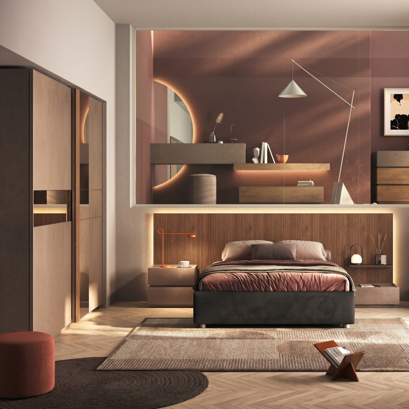 Camera matrimoniale con letto cannettato, Bronzo e Mercure