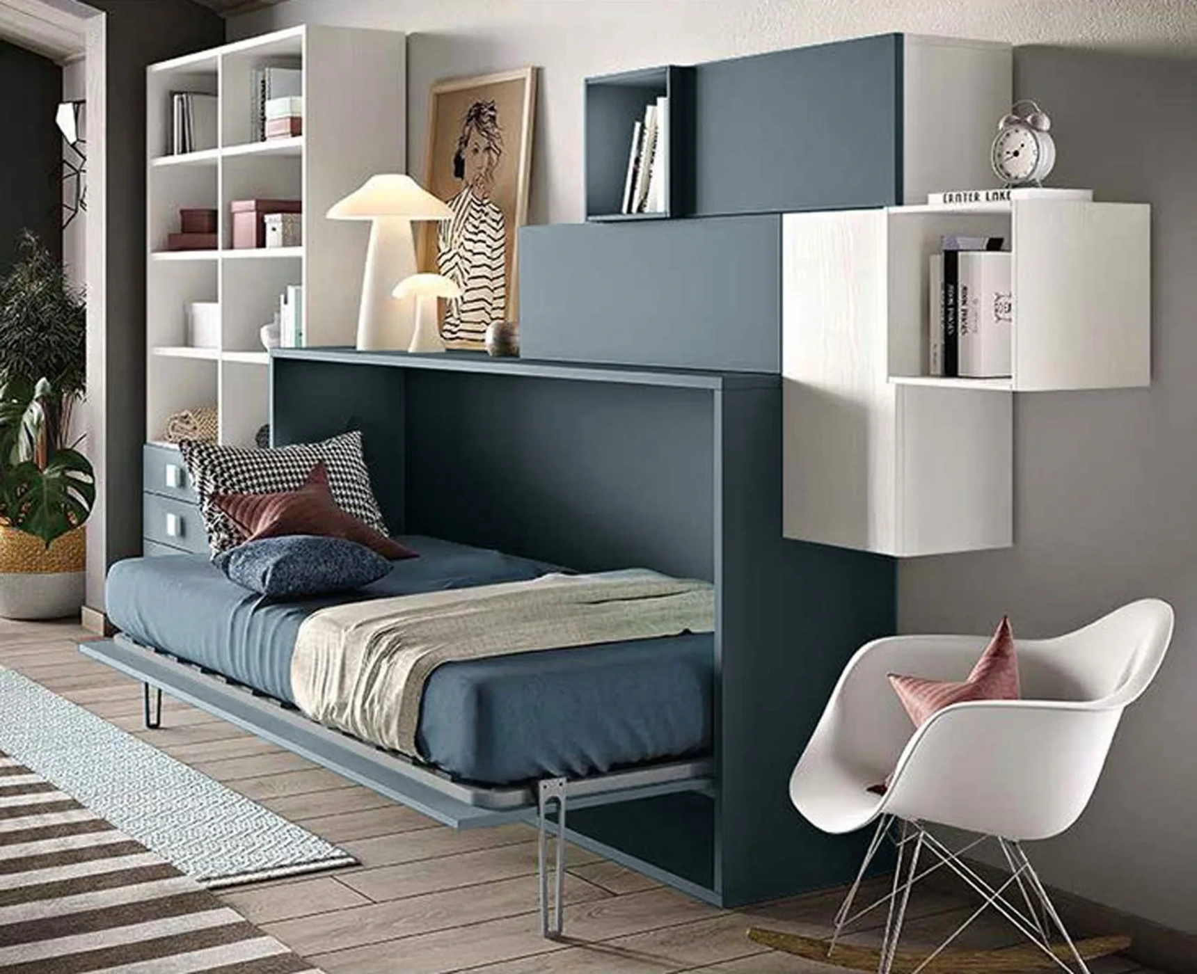 Letto salvaspazio orizzontale in finitura Celeste