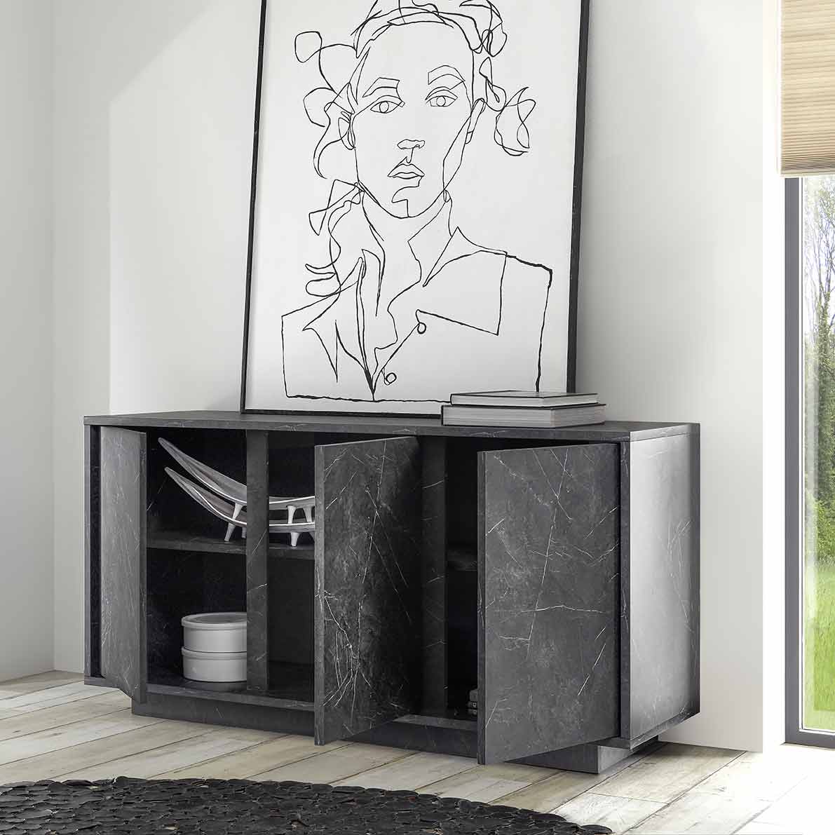 Madia 3 ante moderna, in finitura effetto marmo